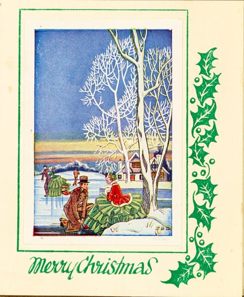 Vintage Christmas Card Winter Ice Skating Scene 1920s-1930s