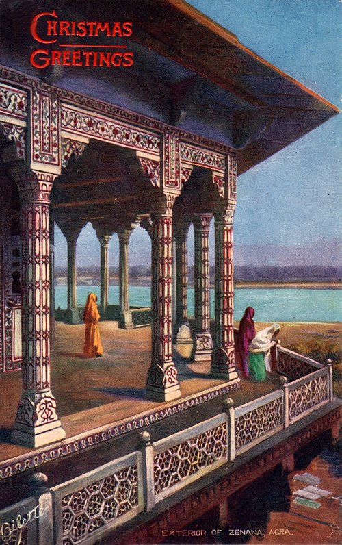 Orientalist Christmas Card with Zenana Palace, Early 1900s