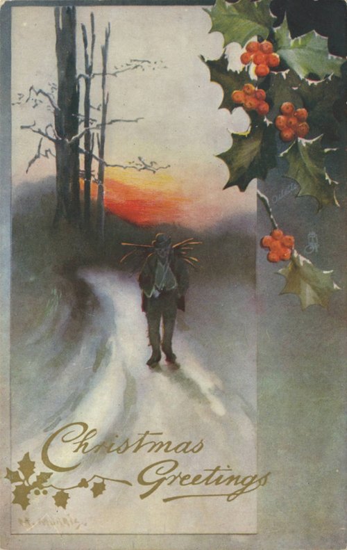 Vintage Christmas Greetings Card with Holly and Winter Figure