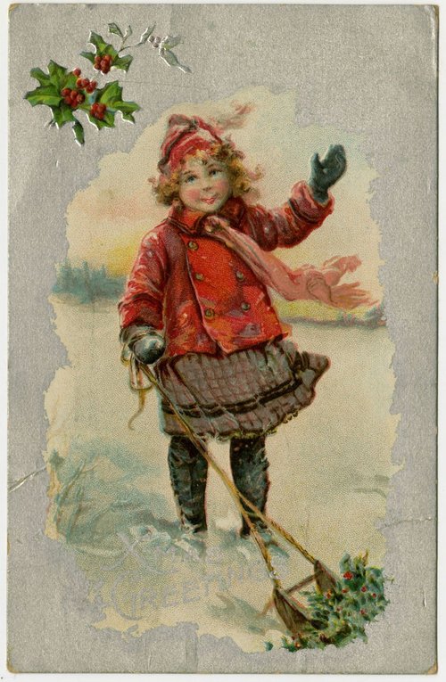 Victorian Winter Child in Red Coat with Holly - Vintage Christmas Card