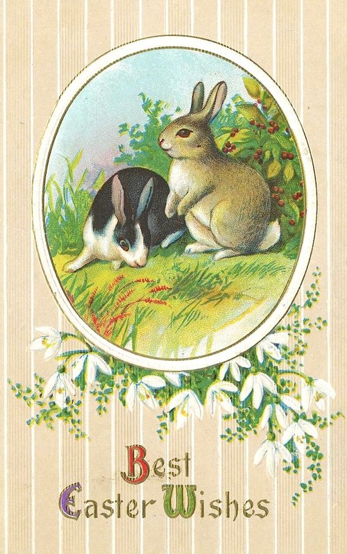 Victorian Easter Greeting Card with Rabbits & Snowdrops