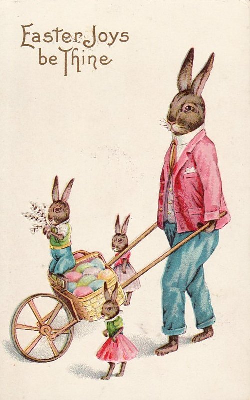 Vintage Easter Greeting Card with Anthropomorphic Rabbits Family