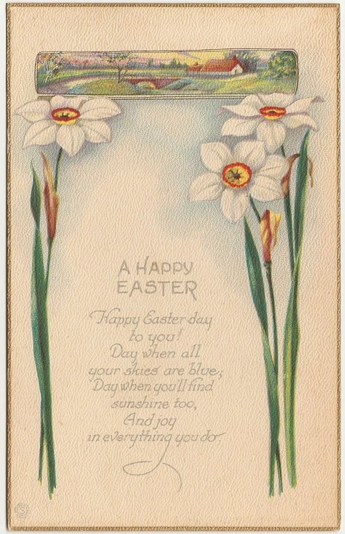 Vintage Easter Greeting Card with White Daffodils & Pastoral Scene