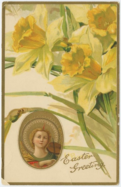 Victorian Easter Greeting Card with Daffodils & Saint
