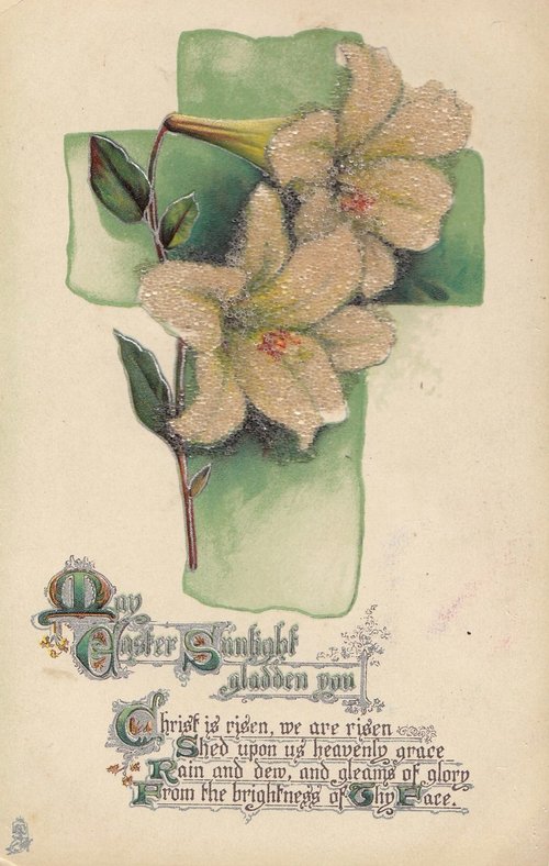 Victorian Easter Greeting Card with Glittered Lilies Cross