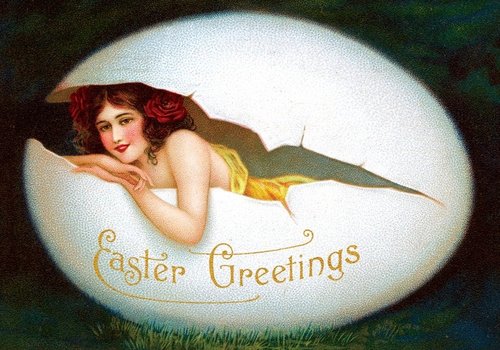 Vintage Easter Greeting Card with Woman Emerging from Egg