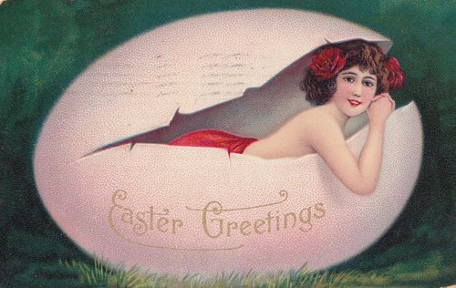 Vintage Easter Greeting Card with Woman in Giant Egg
