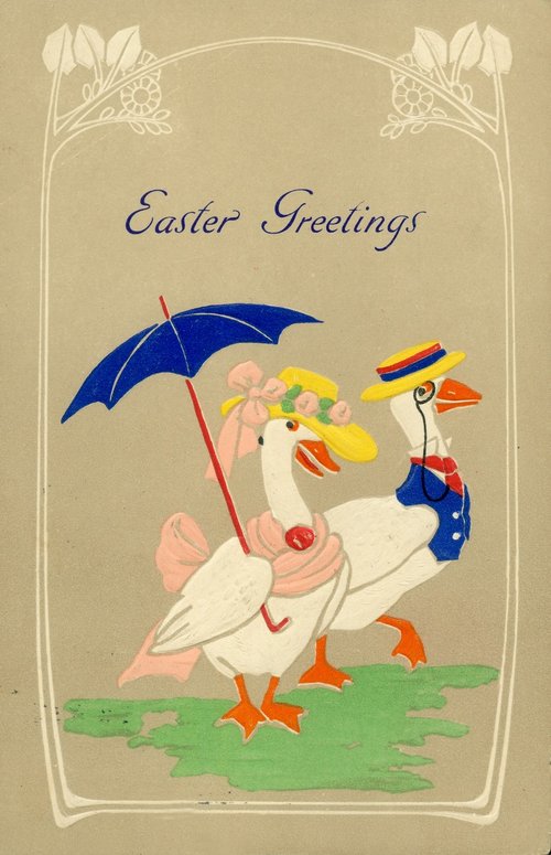 Vintage Easter Greeting Card with Anthropomorphic Geese, 1920s-1930s