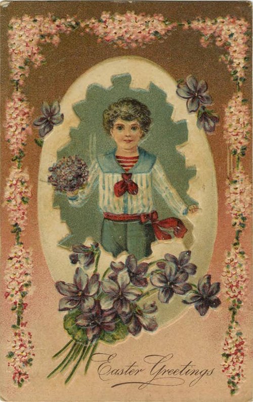 Victorian Easter Greetings Card with Child & Violets