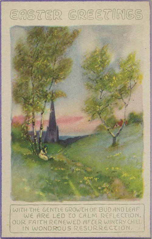 Vintage Easter Greetings Card with Church & Spring Landscape