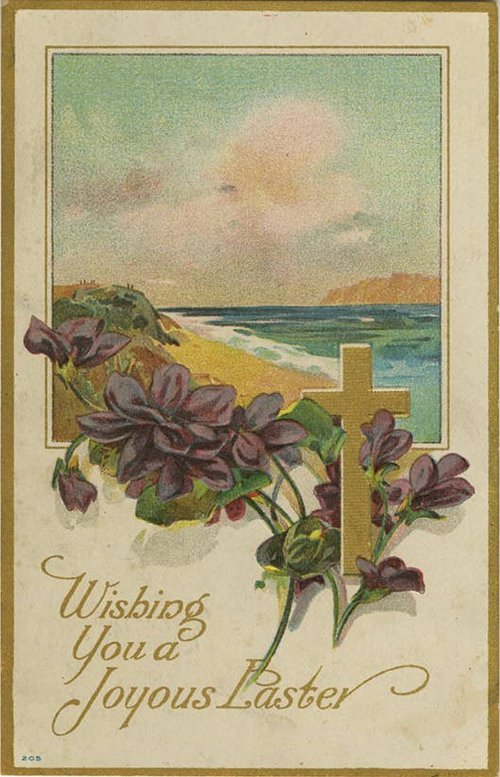 Vintage Easter Greeting Card with Purple Flowers & Golden Cross