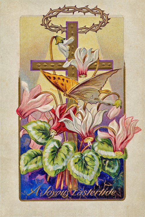 Victorian Easter Cross Greeting Card with Cyclamen & Crown of Thorns