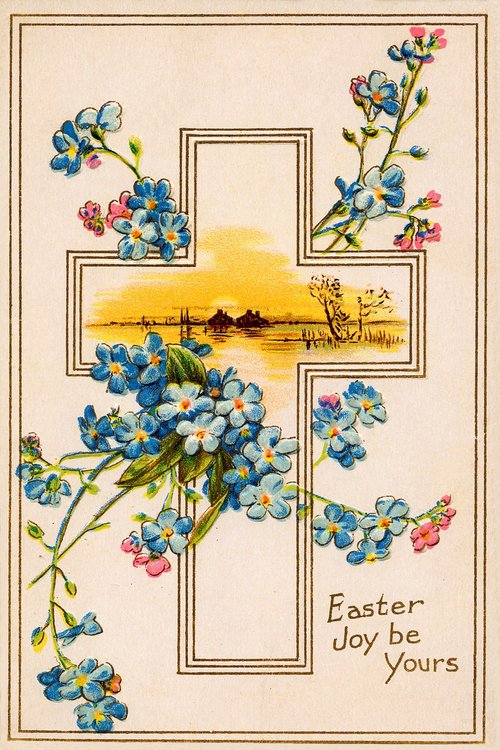 Victorian Easter Greeting Card with Forget-Me-Not Flowers & Cross