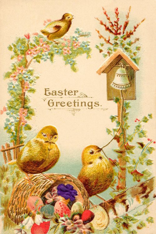 Victorian Easter Greetings Card with Chicks & Birdhouse