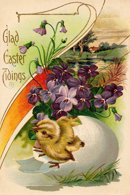 Vintage Easter Greeting Card with Chick, Violets & Landscape