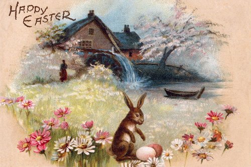 Victorian Easter Greeting Card with Bunny & Cottage Scene