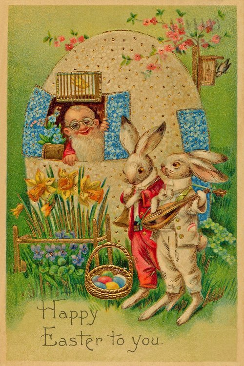 Victorian Easter Greeting Card with Gnome & Rabbits