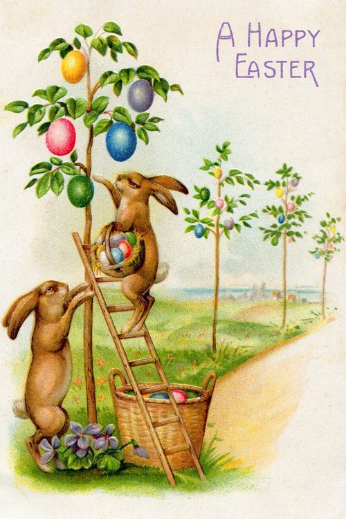 Victorian Easter Card with Bunnies Climbing Egg Tree
