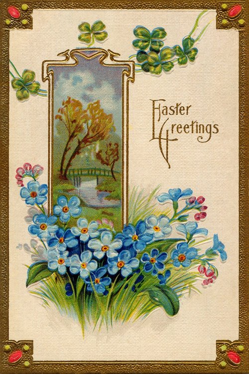 Victorian Easter Greetings Card with Blue Flowers & Pastoral Scene