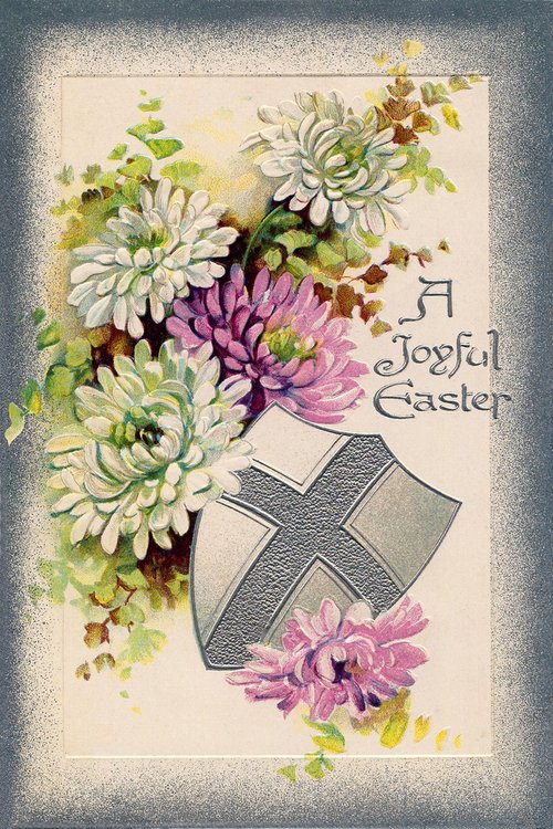 Victorian Easter Greeting Card with Chrysanthemums & Cross