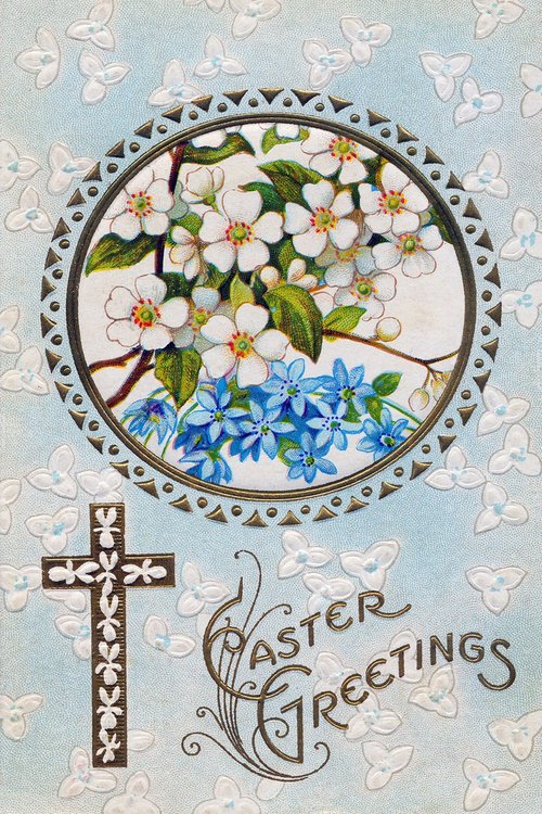 Victorian Easter Greetings Card with Ornate Cross & Flowers