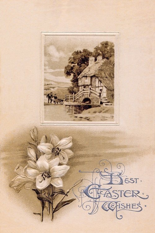 Vintage Easter Greeting Card with Thatched Cottage & Lilies