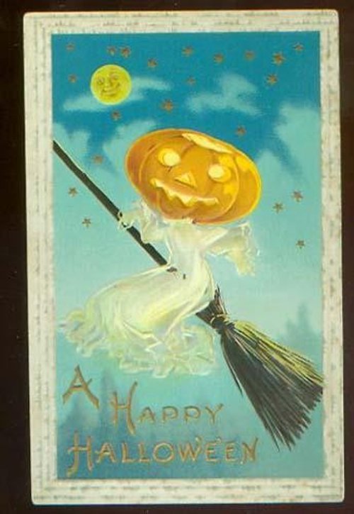 Vintage Halloween Greeting Card: Witch on Broomstick with Jack-o'-Lantern
