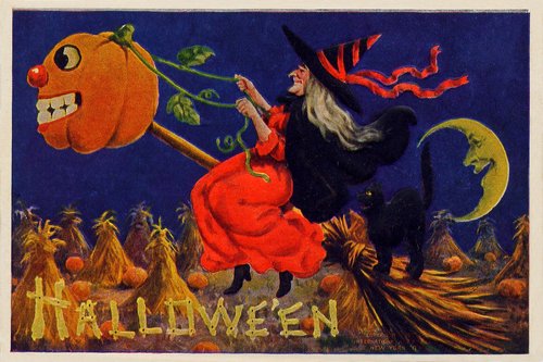 Vintage Halloween Witch Pumpkin Moon Greeting Card 1900s