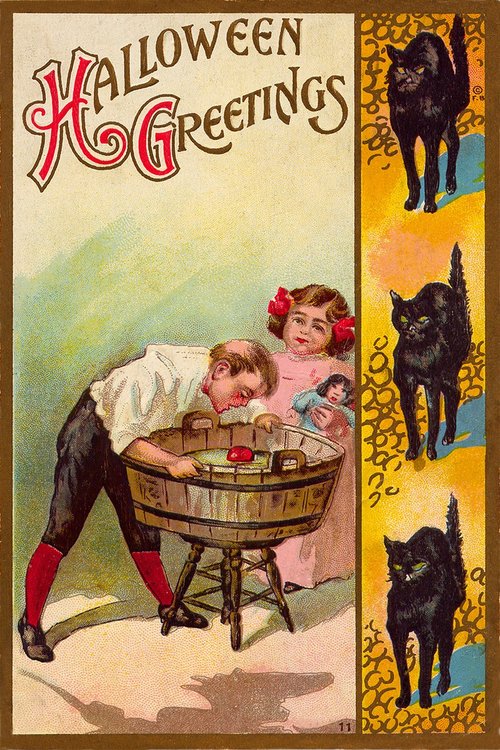 Vintage Halloween Greetings Card with Black Cats & Apple Bobbing