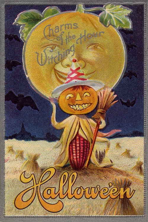 Vintage Halloween Greeting Card with Anthropomorphic Pumpkin & Moon Face