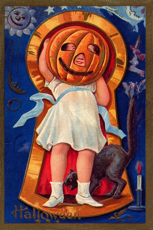 Vintage Halloween Greeting Card - Pumpkin Child with Black Cat