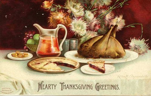 Victorian Thanksgiving Greeting Card with Harvest Feast & Flowers