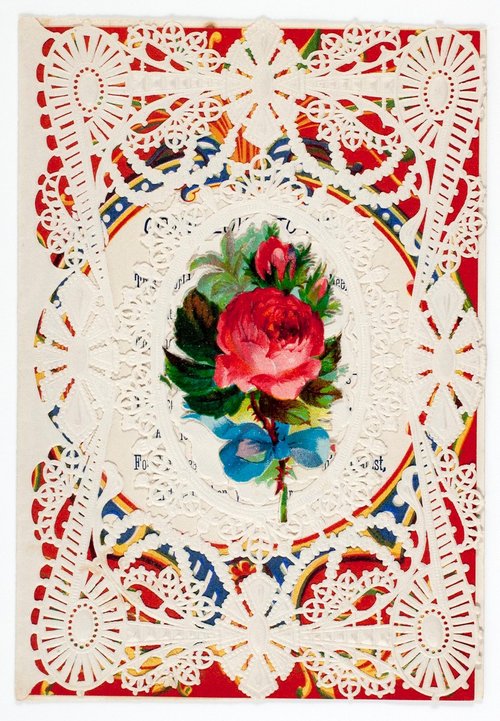 Victorian Die-Cut Greeting Card with Red Rose & Patriotic Flags