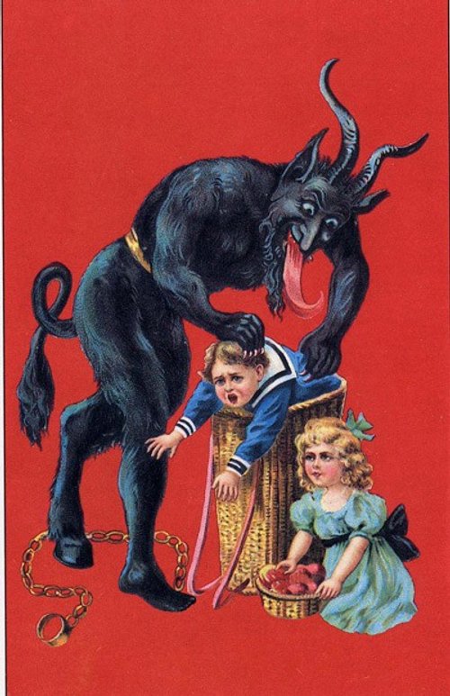 Victorian Krampus Devil with Children Vintage Halloween Greeting Card
