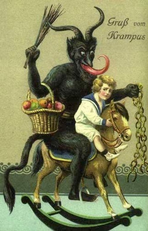 Vintage Krampus Christmas Card - Devil & Child on Rocking Horse