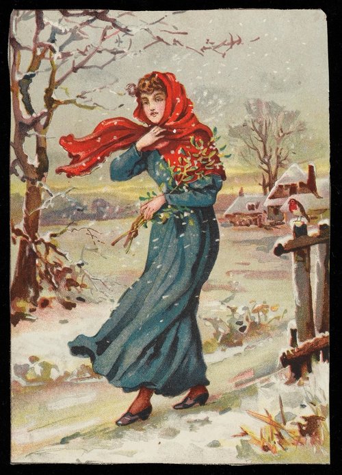 Victorian Winter Scene Woman Red Headscarf Snowy Landscape