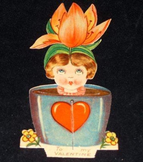 Vintage Valentine's Day Card - Child in Flower Pot with Heart