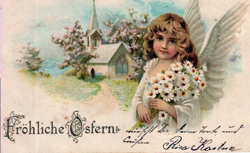 Vintage Easter Angel with Daisies & Church - German Greeting Card