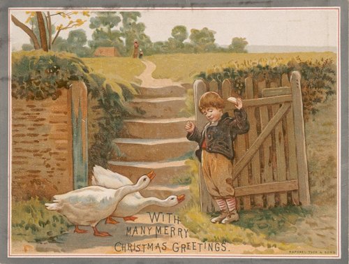 Victorian Christmas Greeting Card with Child and Geese