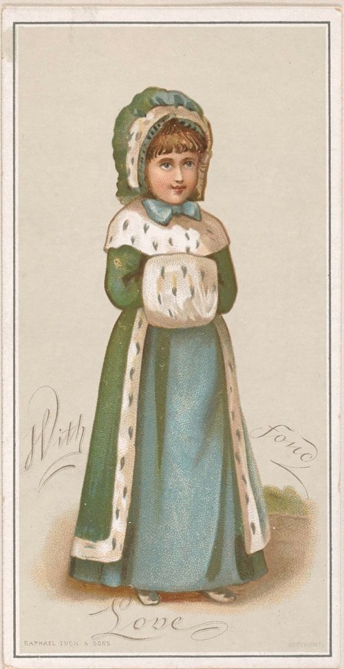 Victorian Girl in Green Coat with White Fur - 'With Love' Greeting Card