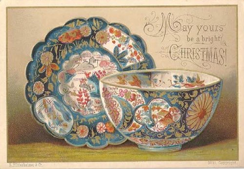 Victorian Christmas Greeting Card with Porcelain Dishware Design