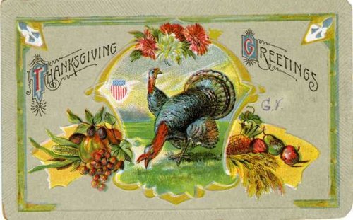 Vintage Thanksgiving Greetings Card Turkey & Harvest 1890s
