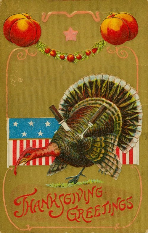 Vintage Thanksgiving Greeting Card with Turkey & Pumpkins