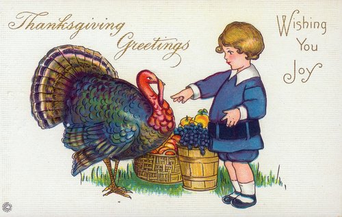 Vintage Thanksgiving Greetings Card with Boy and Turkey, Early 1900s
