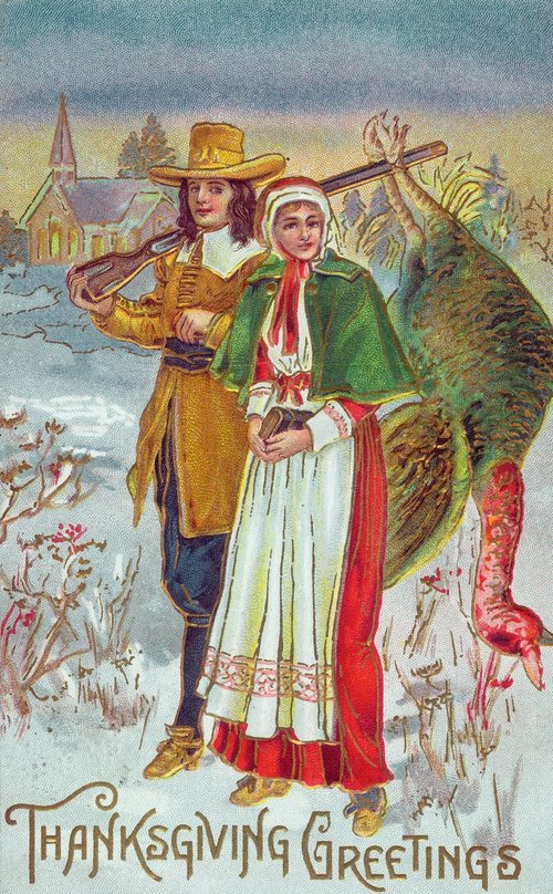 Victorian Thanksgiving Greetings Card: Colonial Couple in Winter