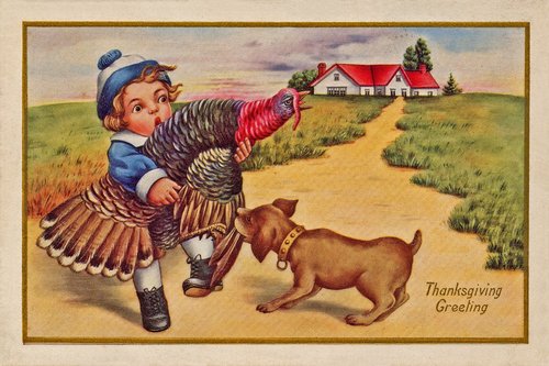 Vintage Thanksgiving Greeting Card: Child with Turkey & Farmhouse