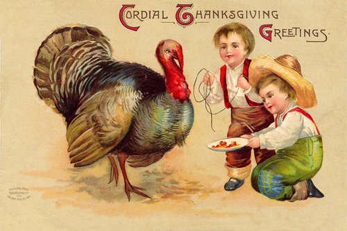 Victorian Cordial Thanksgiving Greetings Card with Turkey & Children