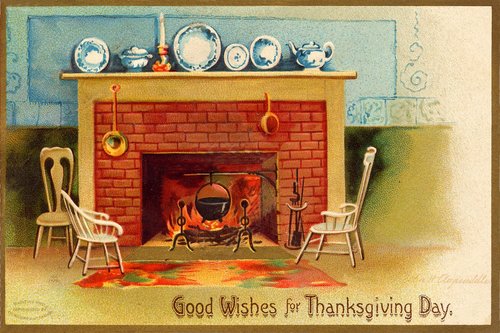 Victorian Thanksgiving Fireplace Scene Greeting Card