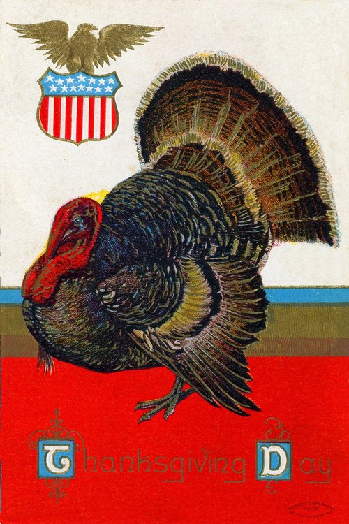 Vintage Thanksgiving Greeting Card with Wild Turkey & Eagle Shield