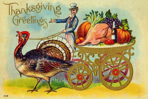 Vintage Thanksgiving Turkey Cart Greeting Card, Victorian Era